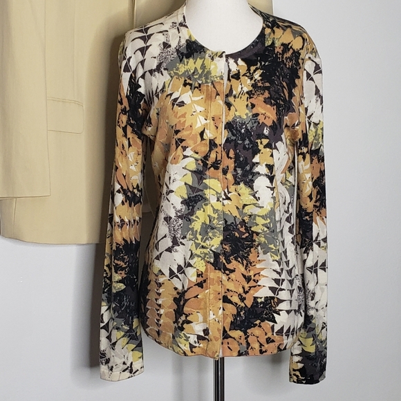 Worth Cardigan Multi Color Luxury Wool Winter Leaf Pattern Gold Spring Fall Chic - Picture 10 of 12
